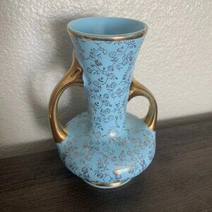 Pearl China Co 22 KT Gold Gilded Blue Floral Vase